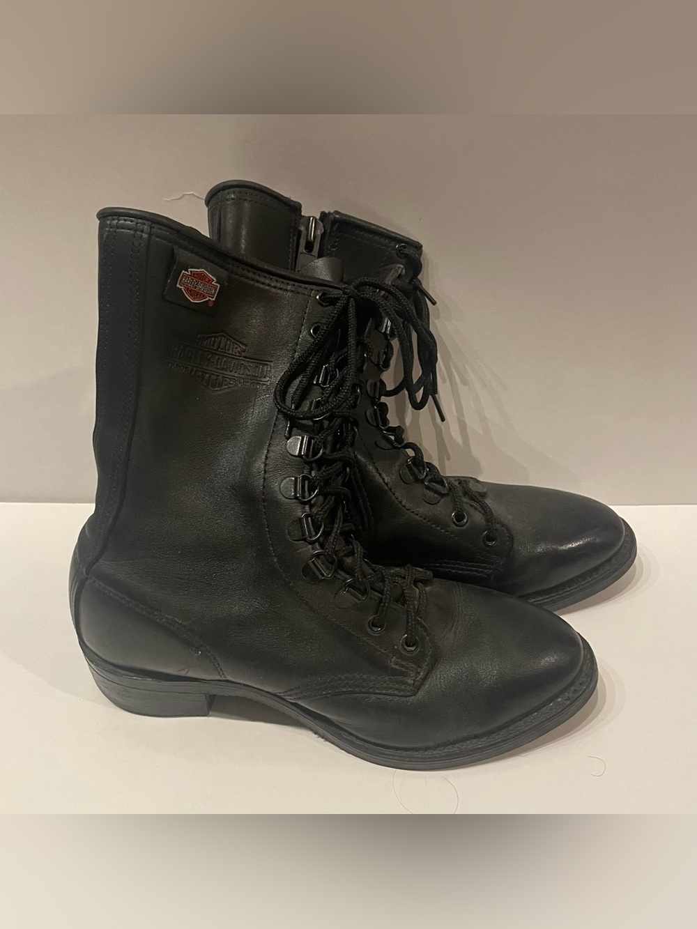 Vintage Harley-Davidson Black Leather Lace-Up Side Zip Motorcycle Boots